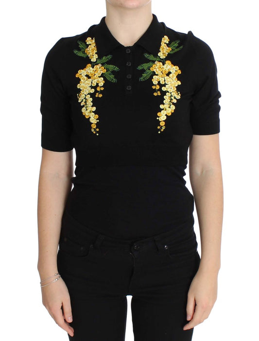 Dolce &amp; Gabbana Poloshirt aus schwarzer Seide mit Blumenstickerei