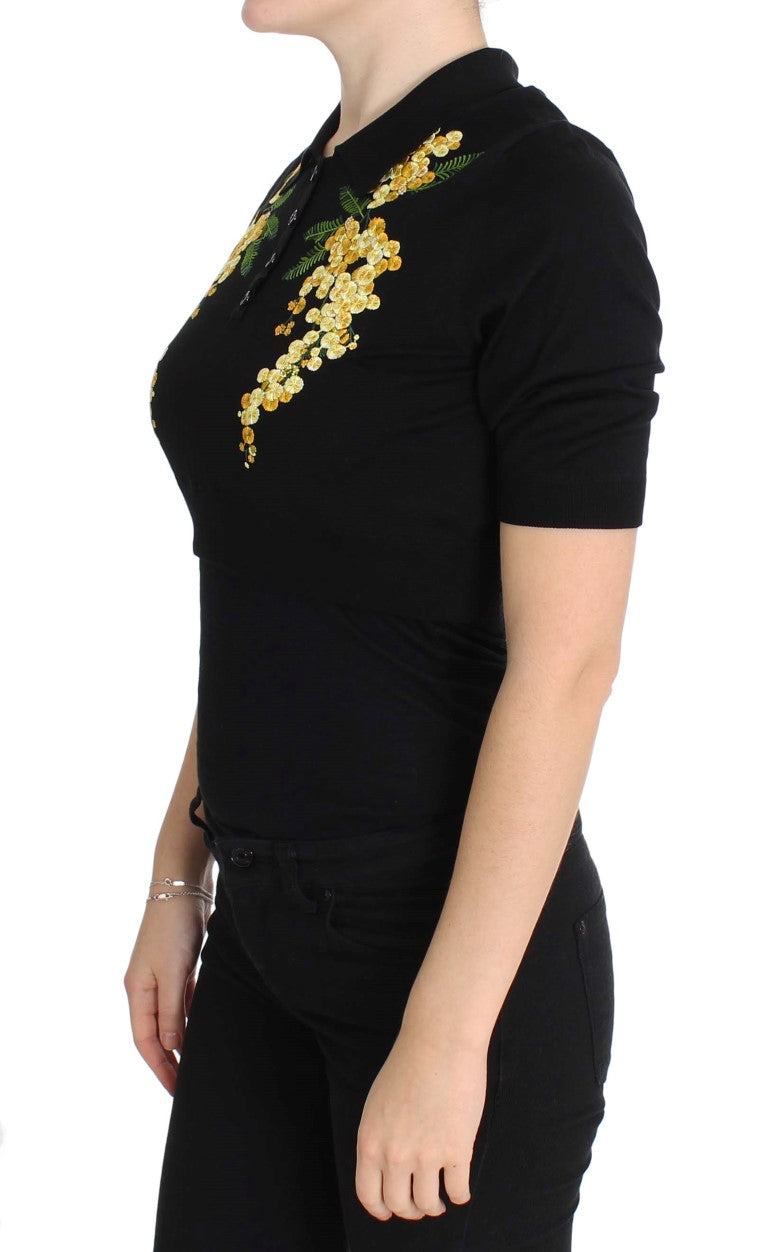 Dolce &amp; Gabbana Black Silk Floral Embroidered Polo Top