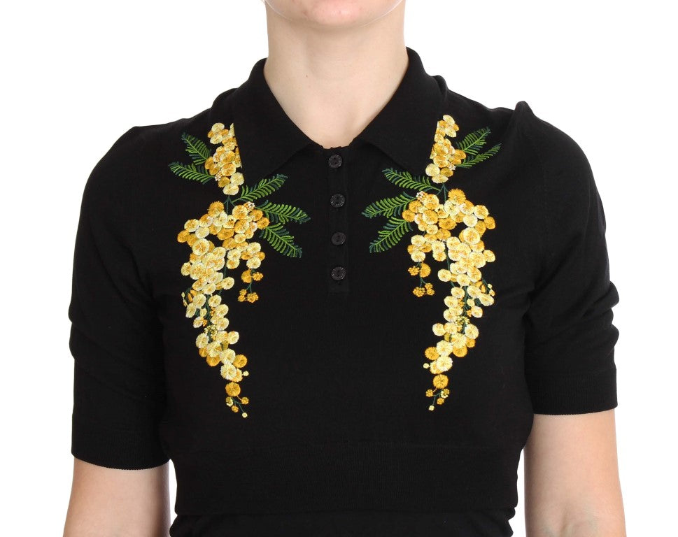 Dolce &amp; Gabbana Black Silk Floral Embroidered Polo Top