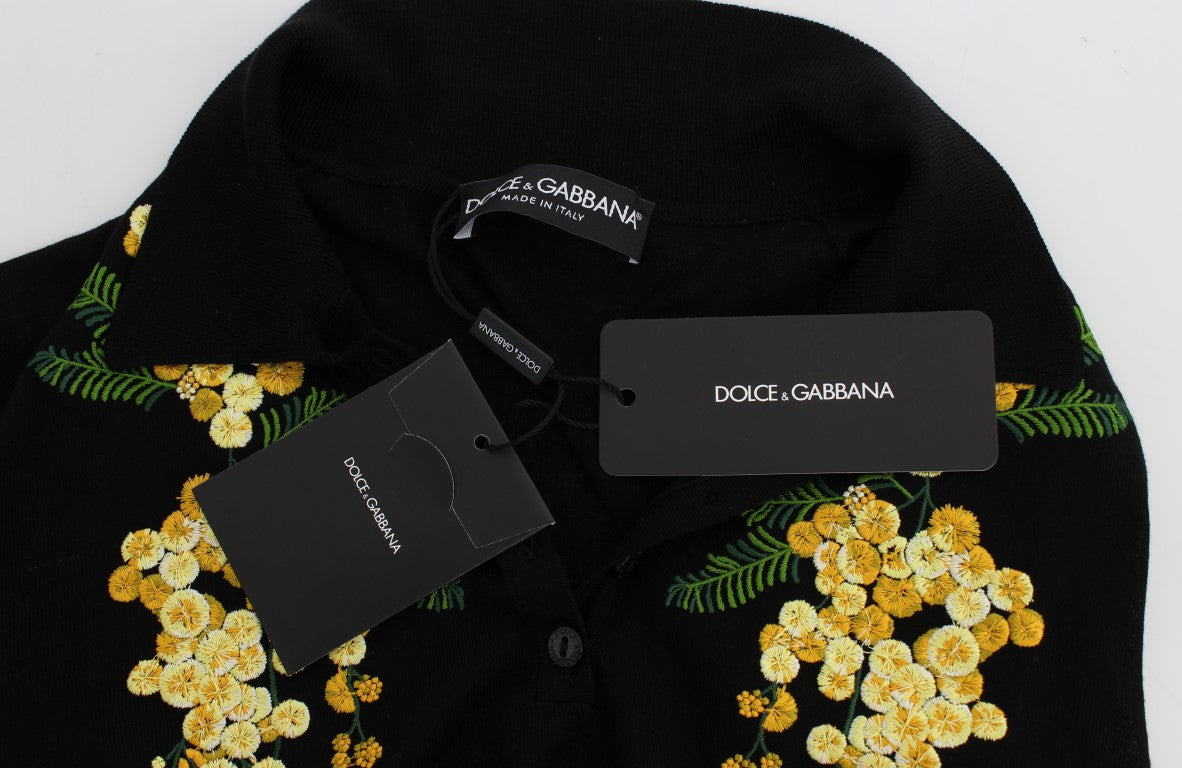 Dolce &amp; Gabbana Poloshirt aus schwarzer Seide mit Blumenstickerei