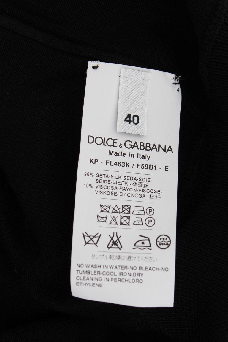 Dolce &amp; Gabbana Black Silk Floral Embroidered Polo Top