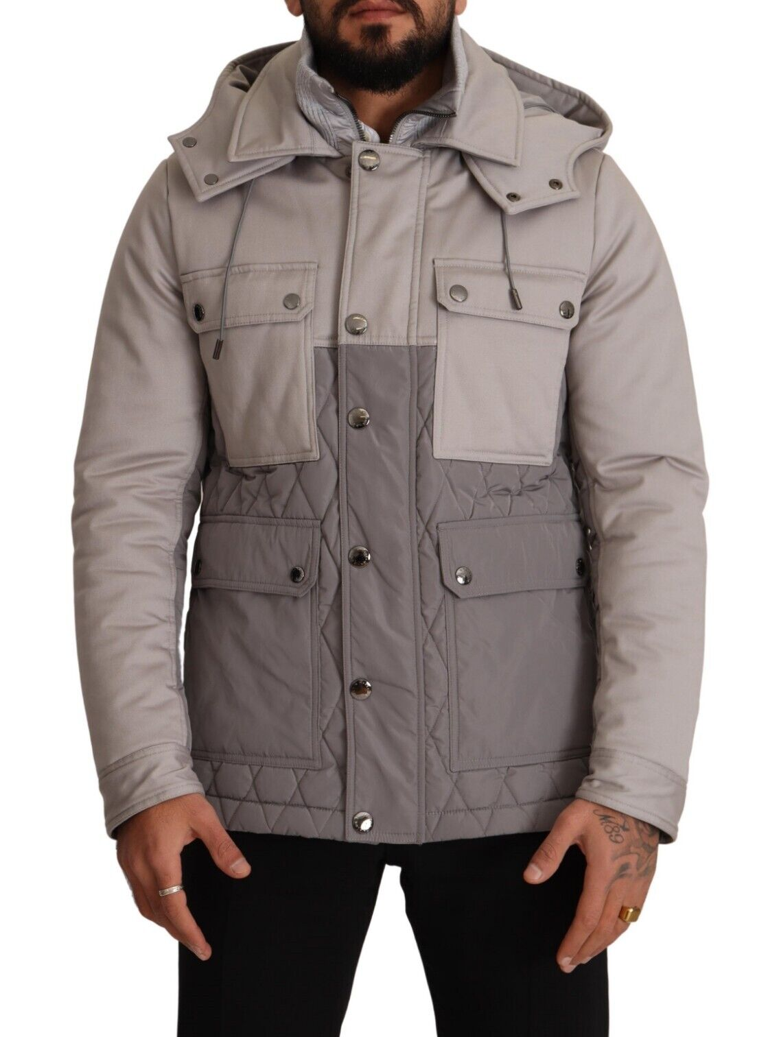 Dolce &amp; Gabbana Grey Cotton Windbreaker Hooded Parka Jacket