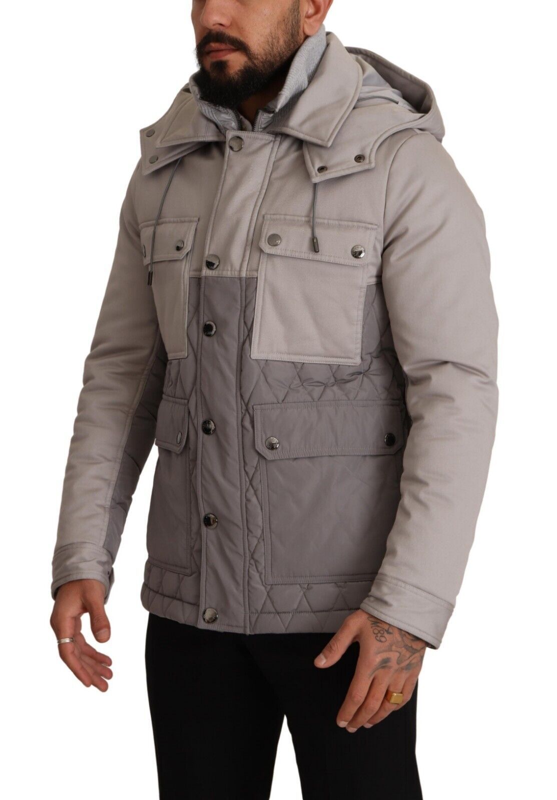 Dolce &amp; Gabbana Grey Cotton Windbreaker Hooded Parka Jacket