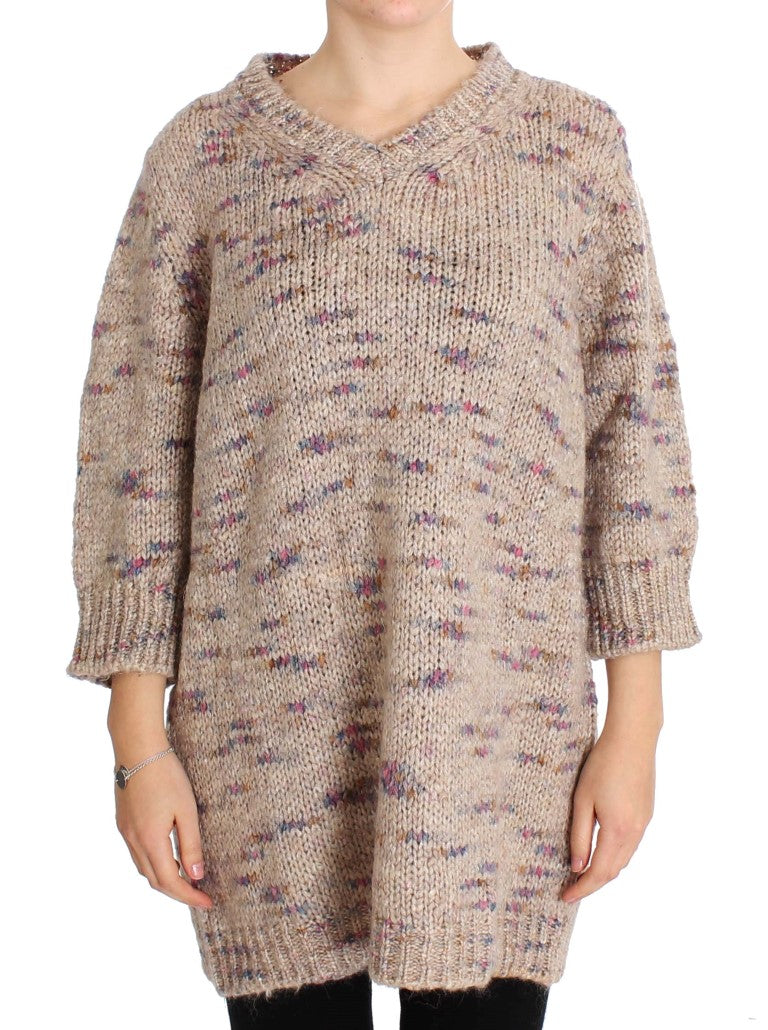 PINK MEMORIES Beige gestrickter Oversize-Pullover aus Wollmischung