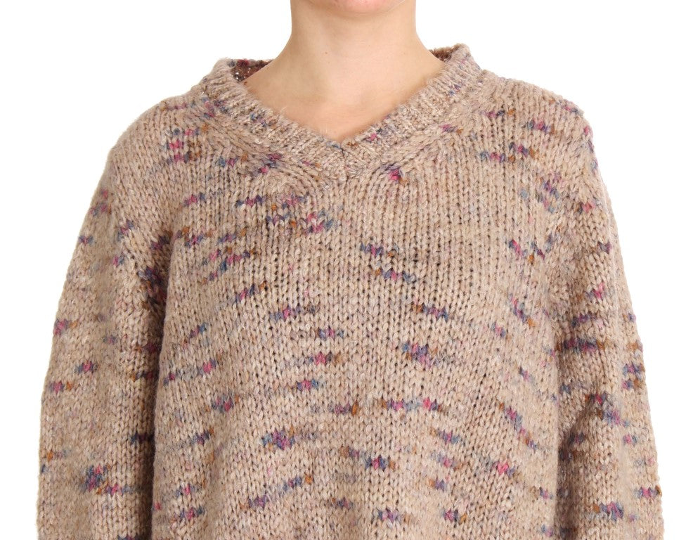 PINK MEMORIES Beige gestrickter Oversize-Pullover aus Wollmischung