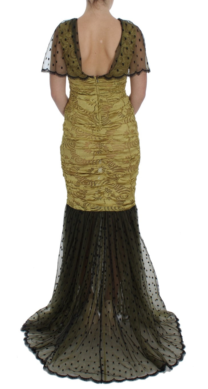 Dolce &amp; Gabbana Yellow Black Floral Lace Ricamo Gown Dress