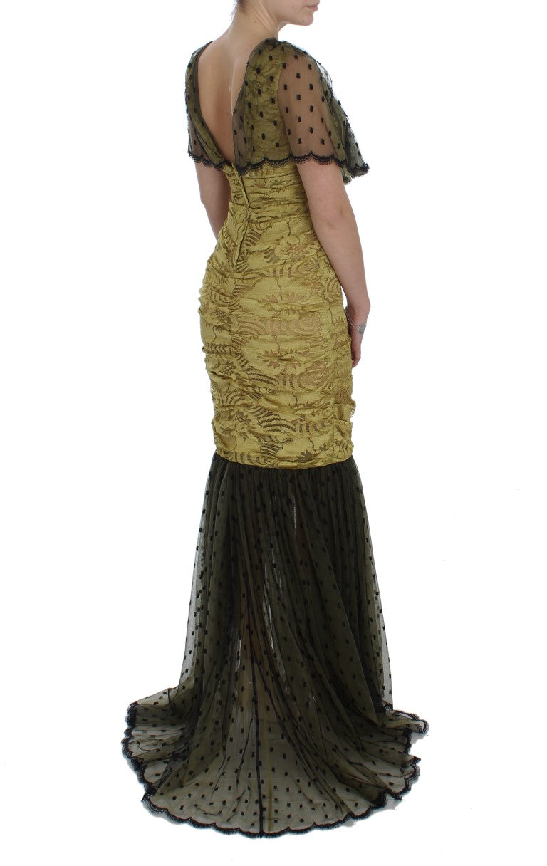 Dolce &amp; Gabbana Yellow Black Floral Lace Ricamo Gown Dress