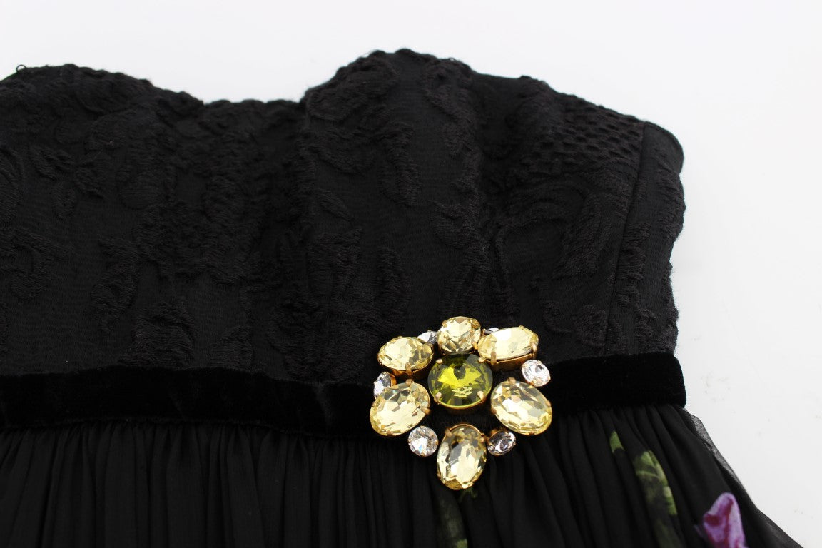 Dolce &amp; Gabbana Black Key Print Silk Crystal Brooch Dress