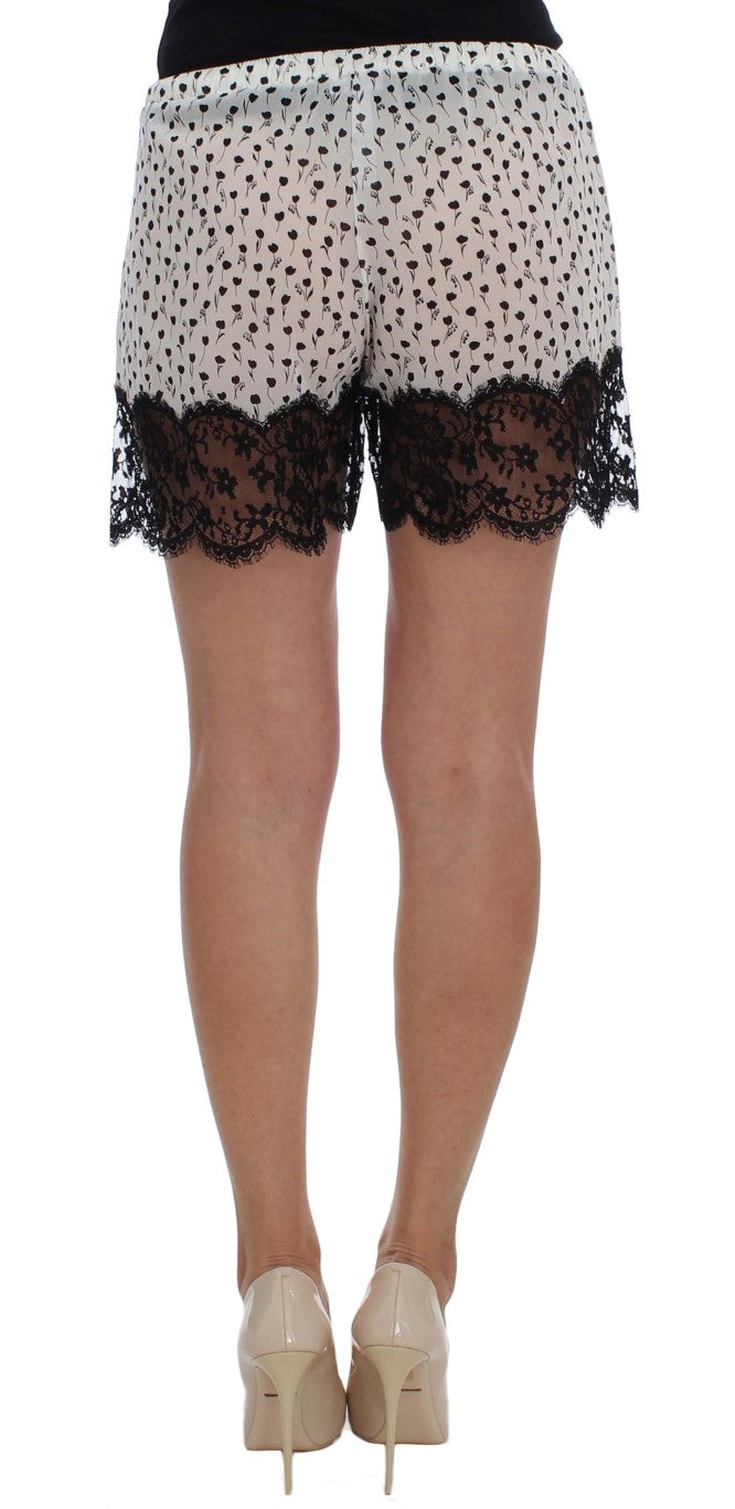 Dolce &amp; Gabbana White Black Floral Lace Silk Sleepwear Shorts