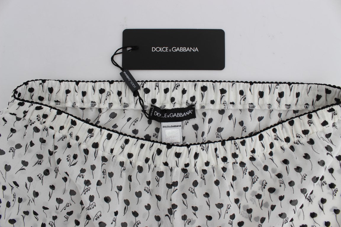 Dolce &amp; Gabbana Weiß-schwarze Nachtwäsche-Shorts aus Seide mit floraler Spitze