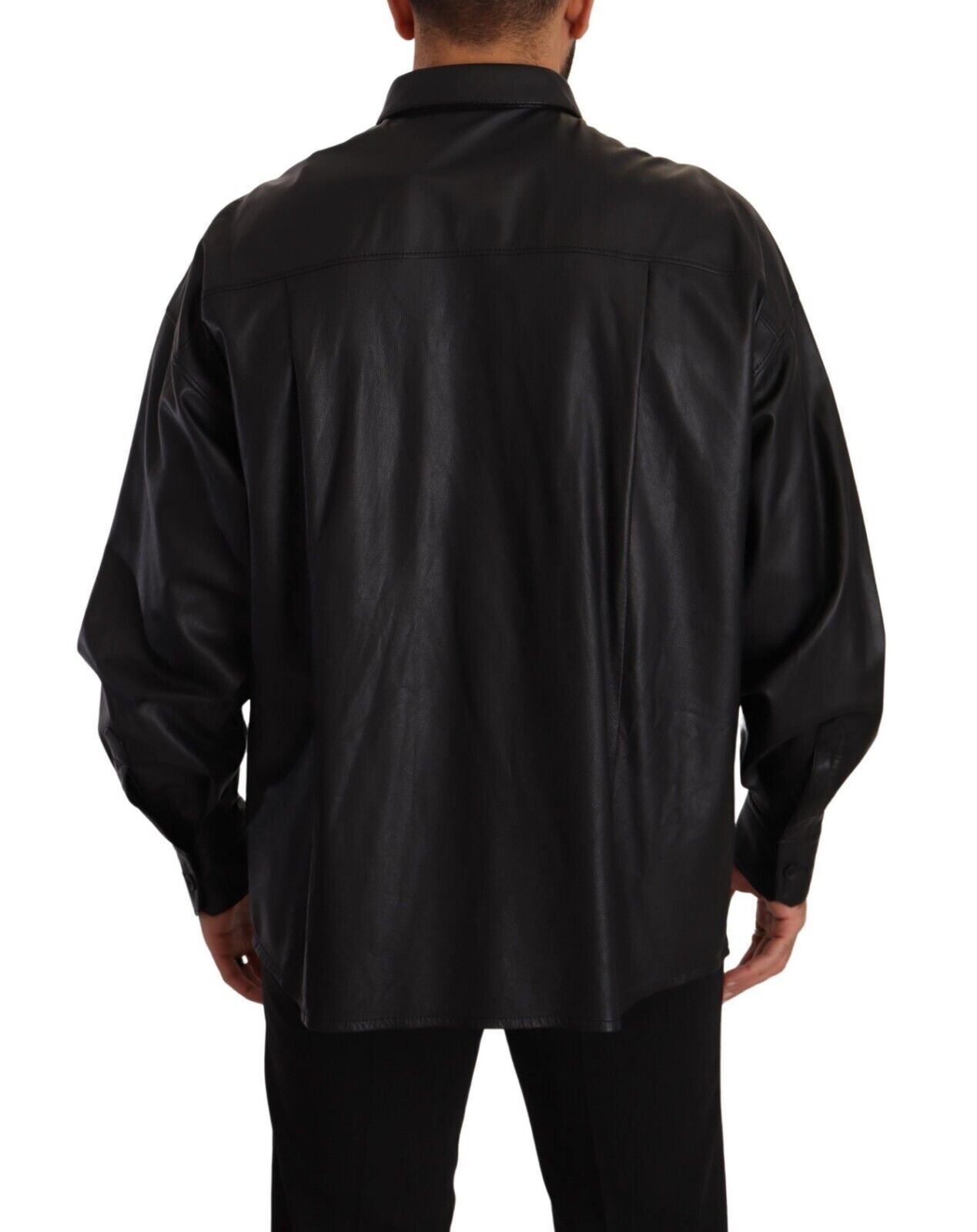 Dolce &amp; Gabbana Black Leather Button Down Men Collared Jacket