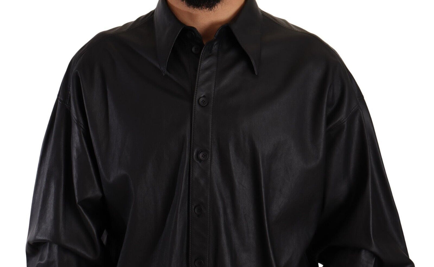 Dolce &amp; Gabbana Black Leather Button Down Men Collared Jacket