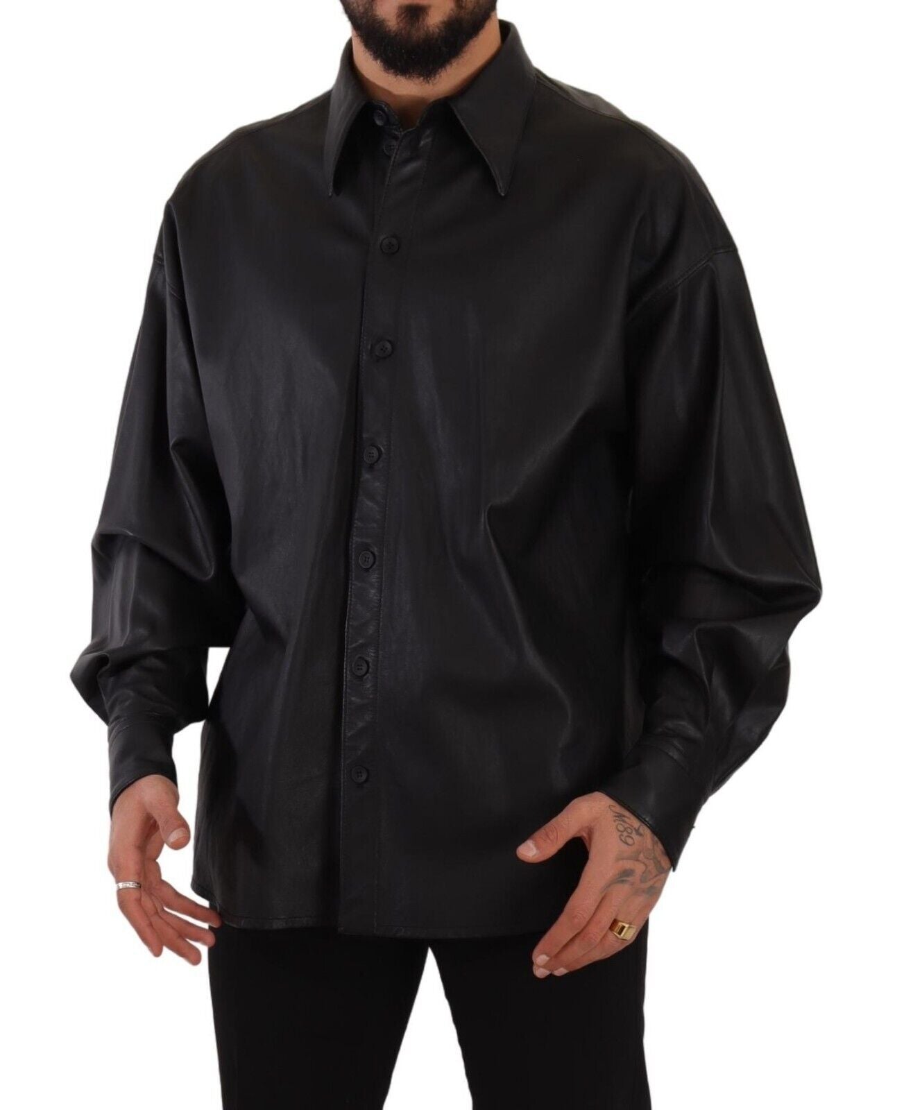 Dolce &amp; Gabbana Black Leather Button Down Men Collared Jacket