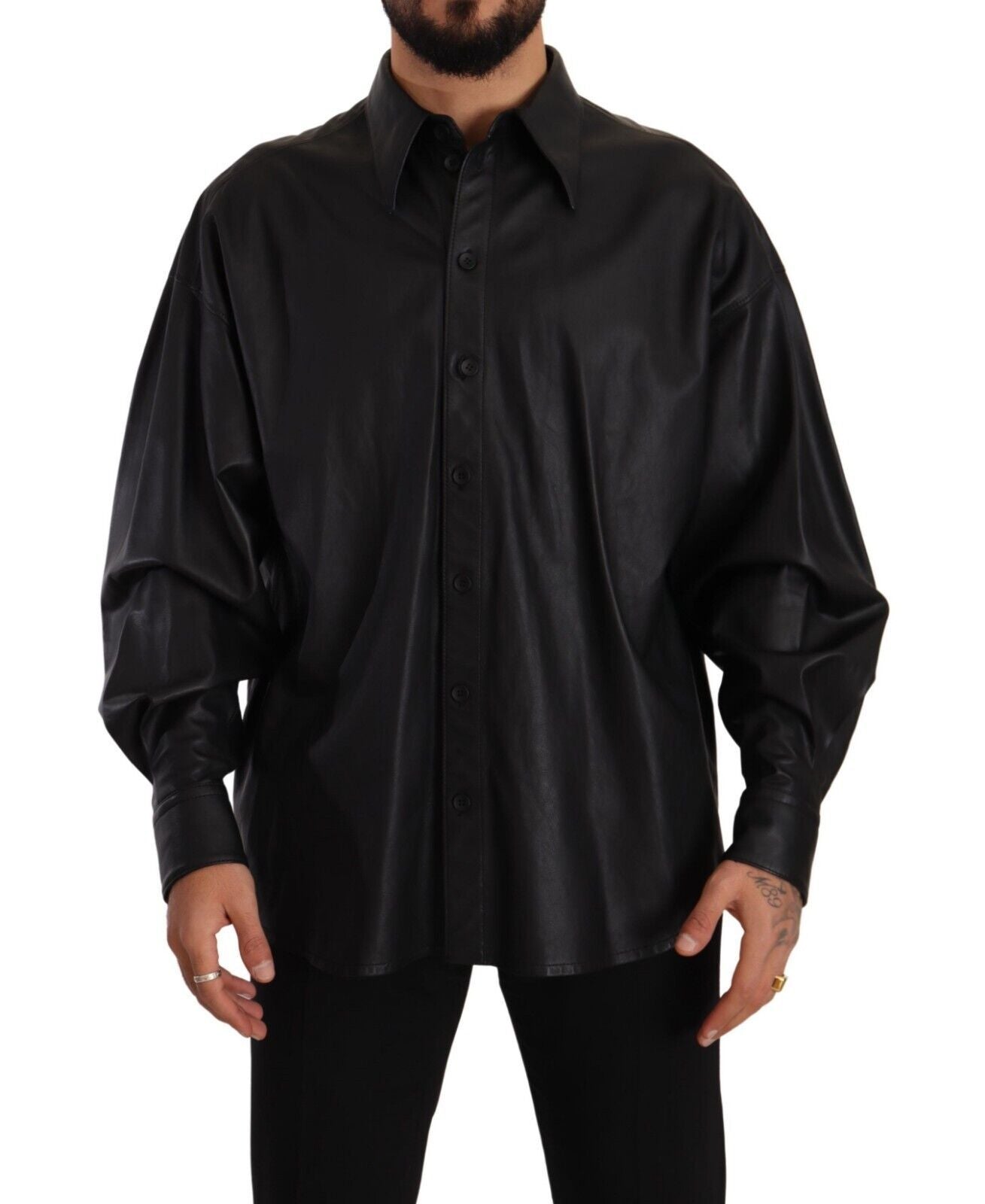 Dolce &amp; Gabbana Black Leather Button Down Men Collared Jacket