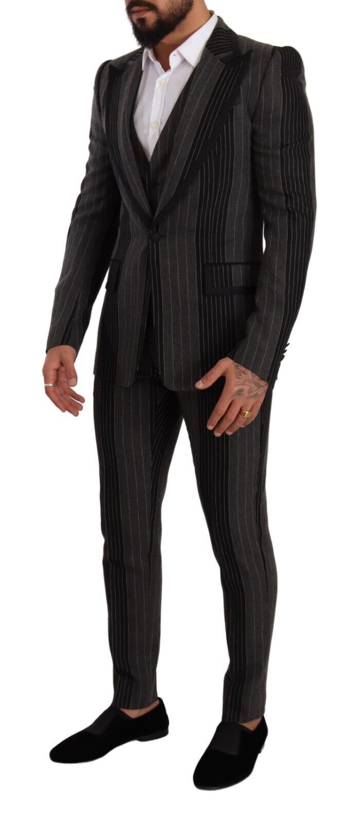 Dolce &amp; Gabbana Black Gray Striped Slim Fit 3 Piece Suit