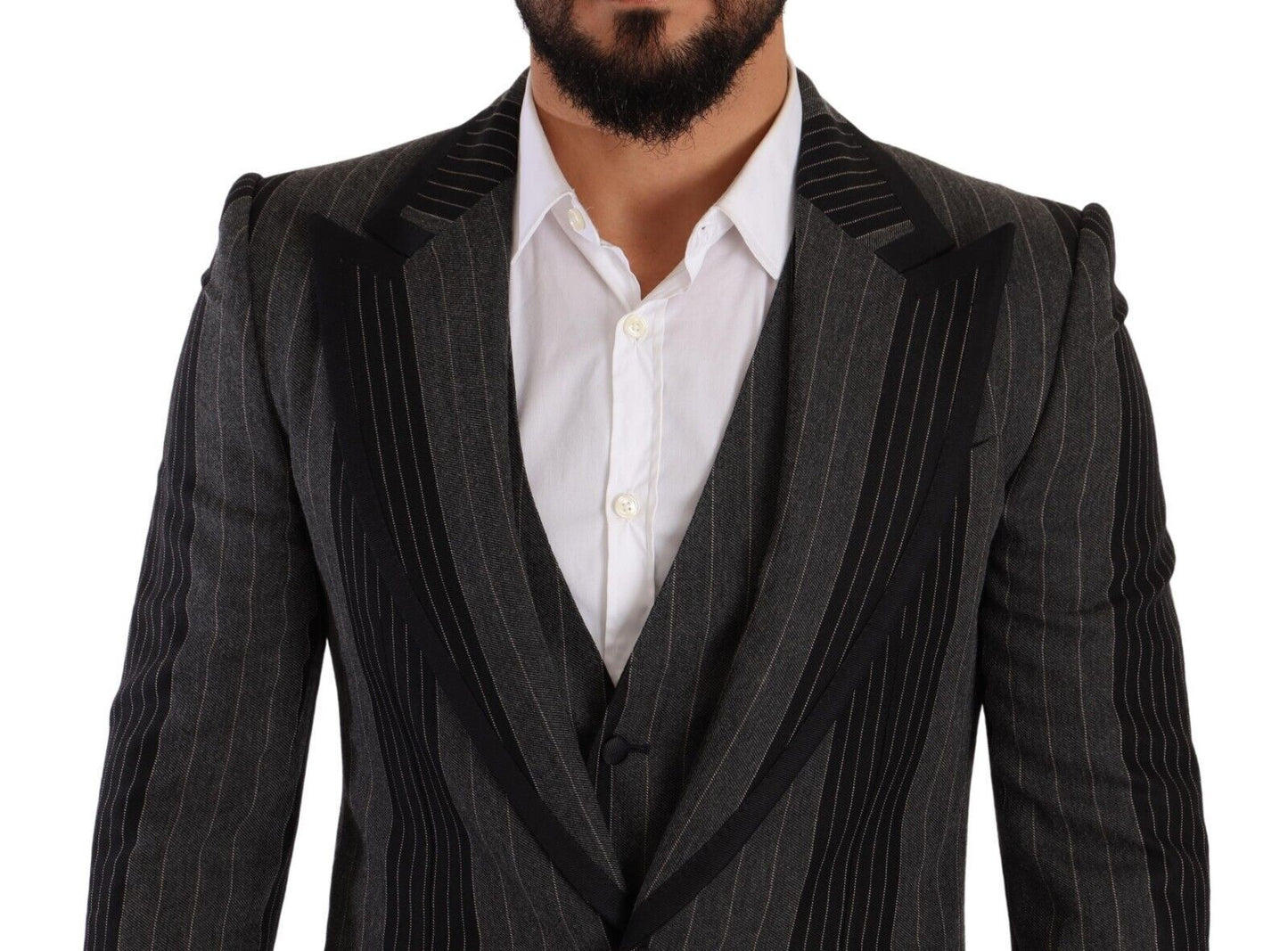 Dolce &amp; Gabbana Black Gray Striped Slim Fit 3 Piece Suit