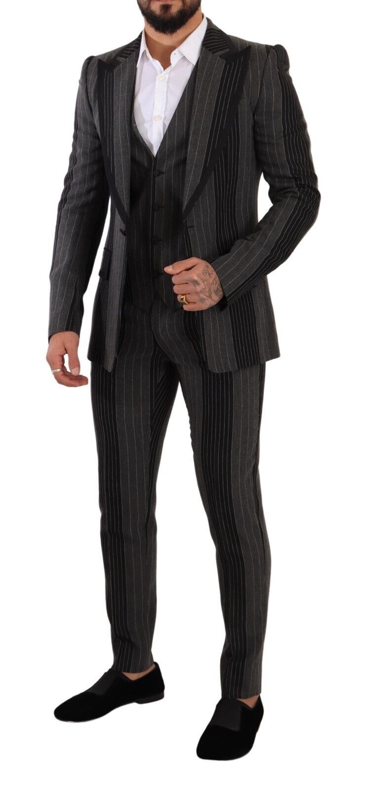 Dolce &amp; Gabbana Black Gray Striped Slim Fit 3 Piece Suit