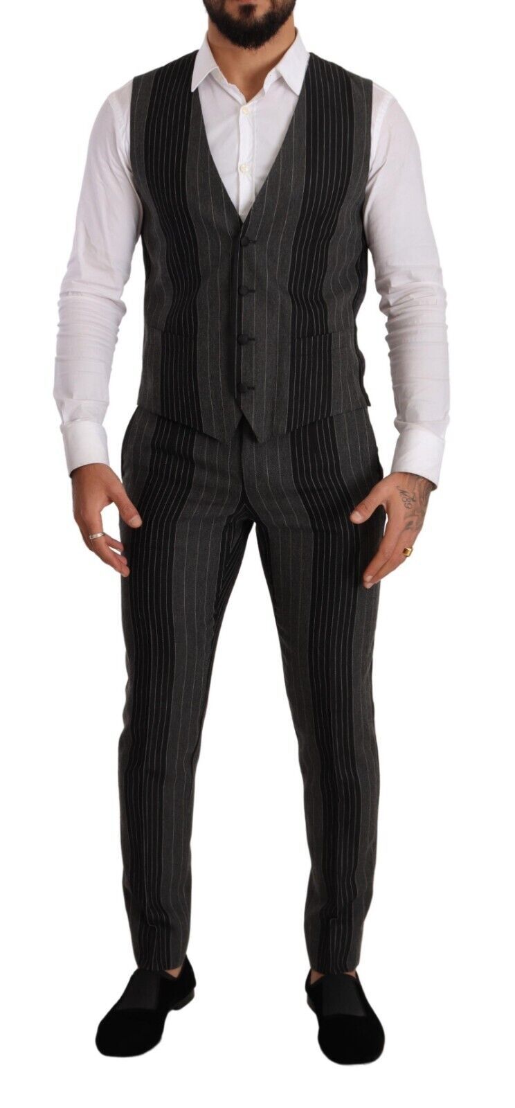 Dolce &amp; Gabbana Black Gray Striped Slim Fit 3 Piece Suit