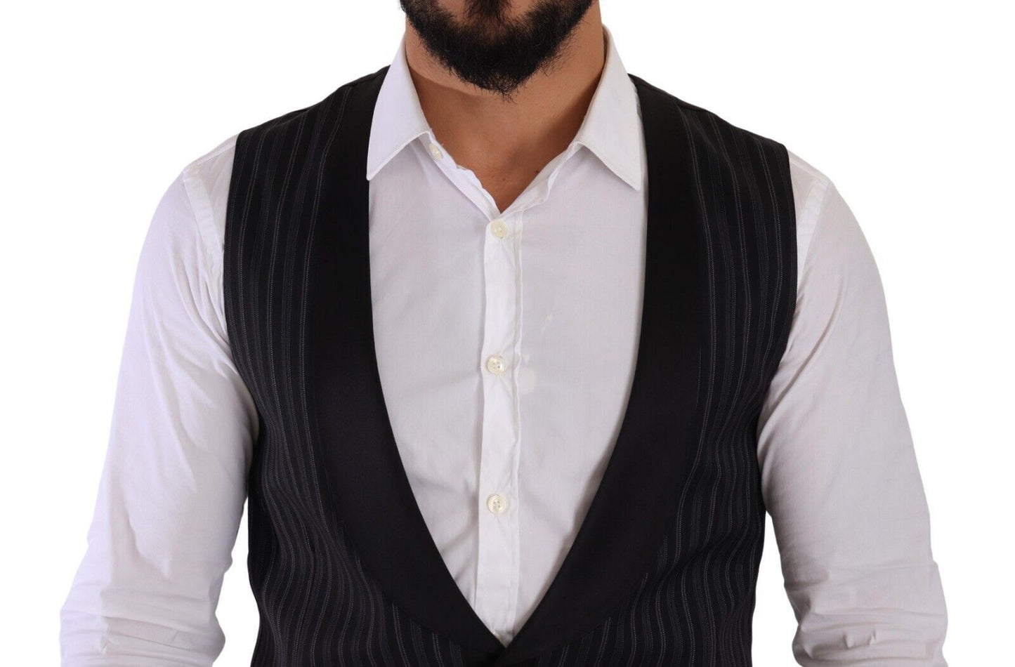 Dolce &amp; Gabbana Black Striped Wool Silk Waistcoat Vest