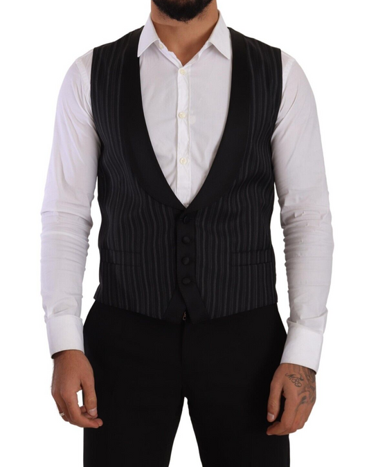 Dolce &amp; Gabbana Black Striped Wool Silk Waistcoat Vest