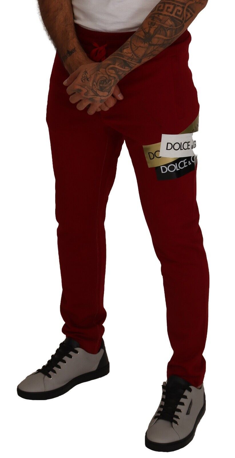 Dolce &amp; Gabbana Red Cotton Logo Patch Sweatpants Jogging Pants