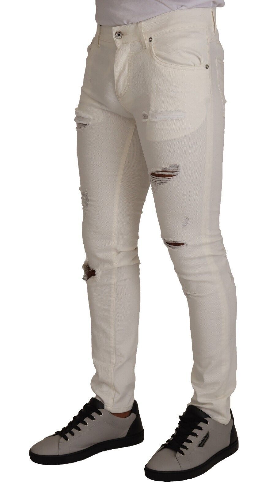 Dolce &amp; Gabbana White Tattered Skinny Cotton Men Denim Jeans