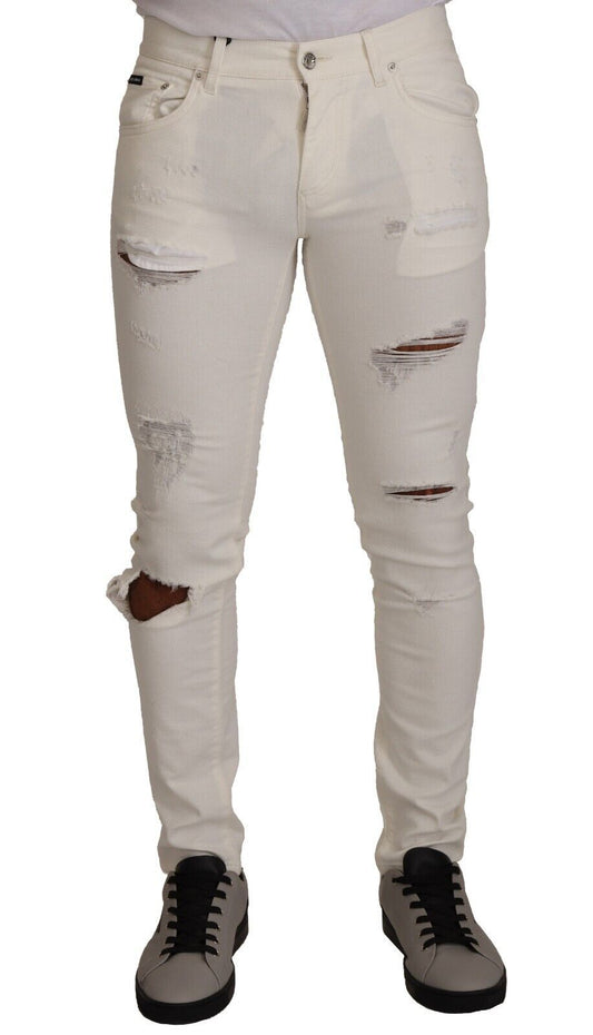 Dolce &amp; Gabbana White Tattered Skinny Cotton Men Denim Jeans