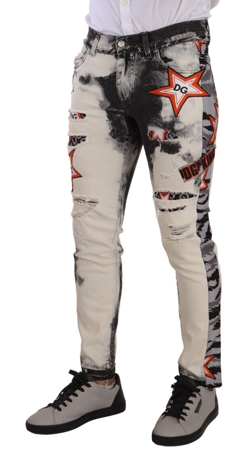 Dolce &amp; Gabbana White Black Cotton Distressed Skinny Denim Jeans