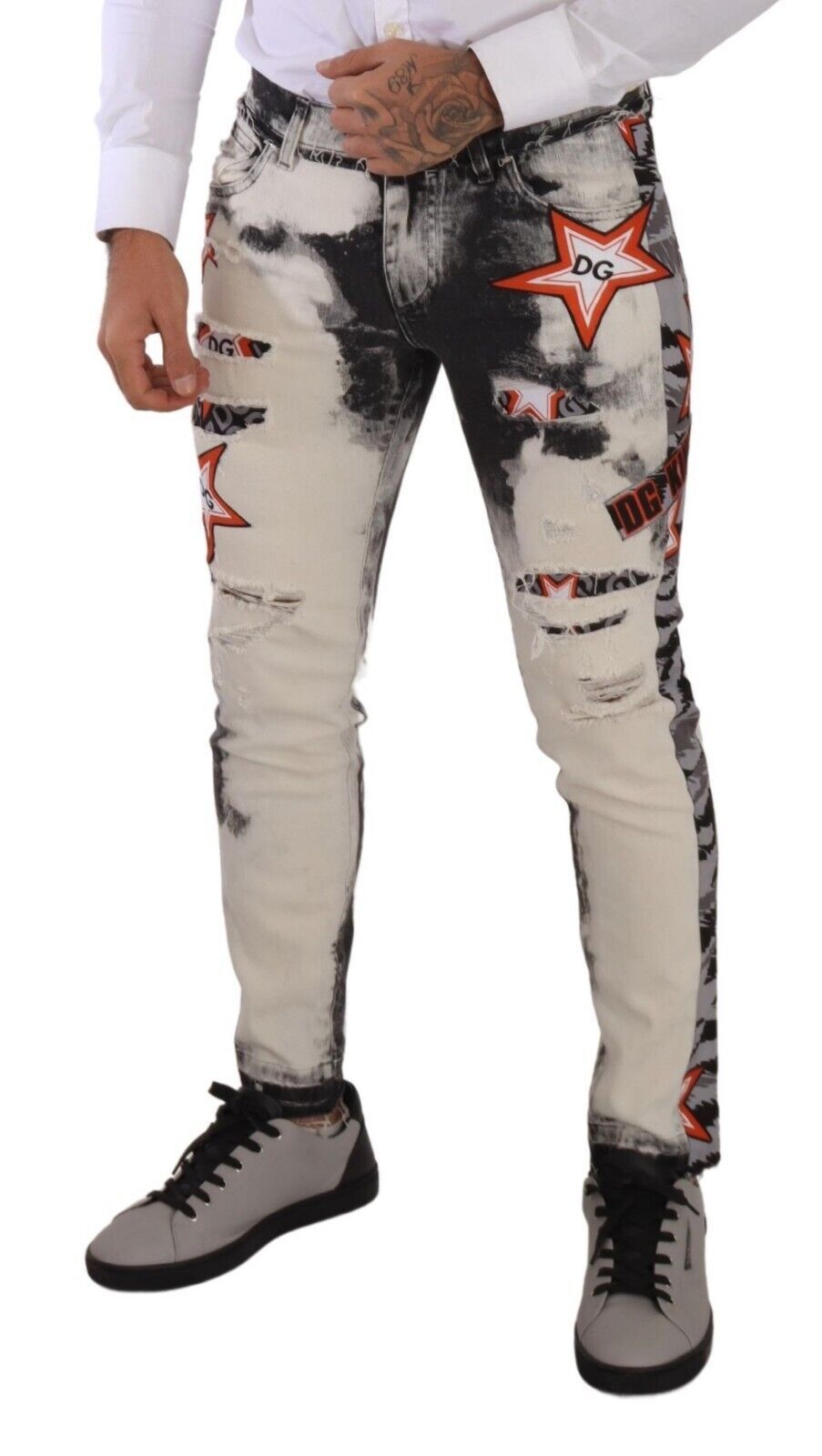 Dolce &amp; Gabbana White Black Cotton Distressed Skinny Denim Jeans