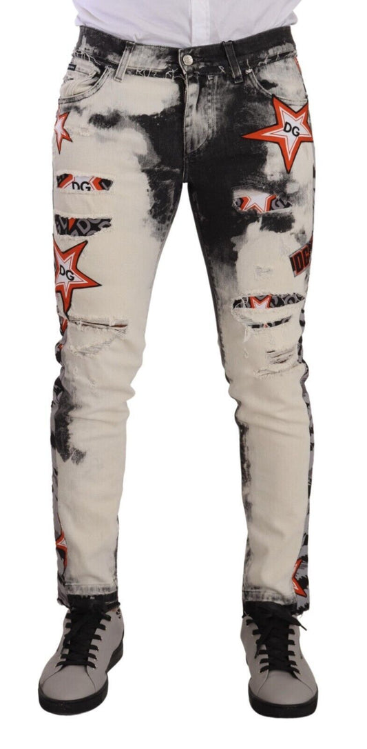 Dolce &amp; Gabbana White Black Cotton Distressed Skinny Denim Jeans