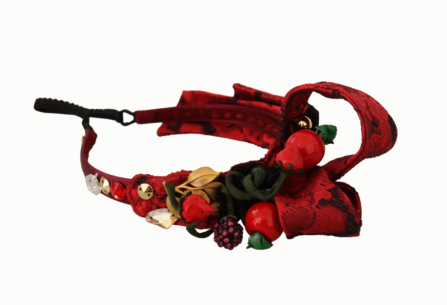 Dolce &amp; Gabbana Cherry Silk Crystal Bow Logo Diadem Tiara Headband