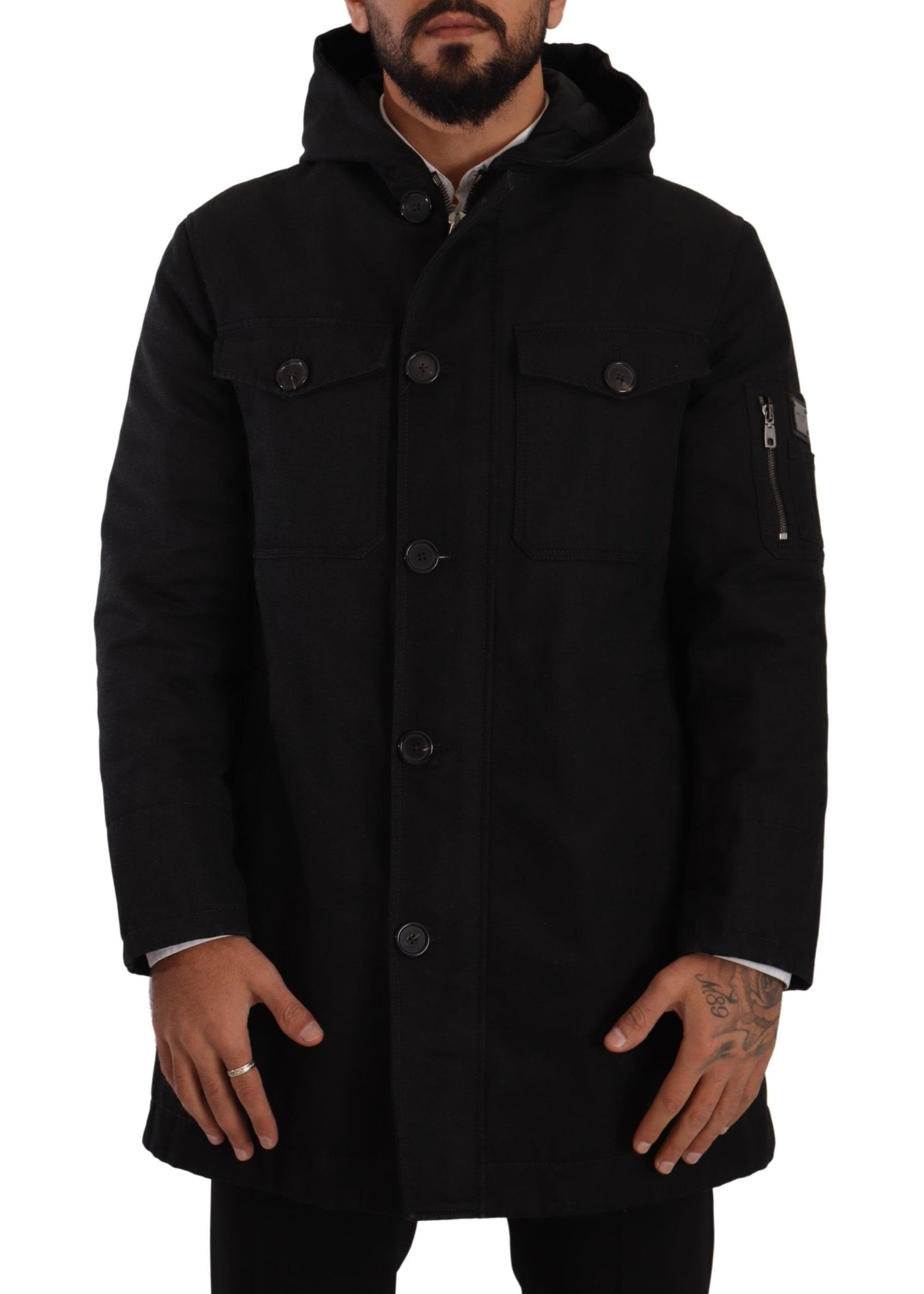 Dolce &amp; Gabbana Black Denim Hooded Parka Coat Winter Jacket