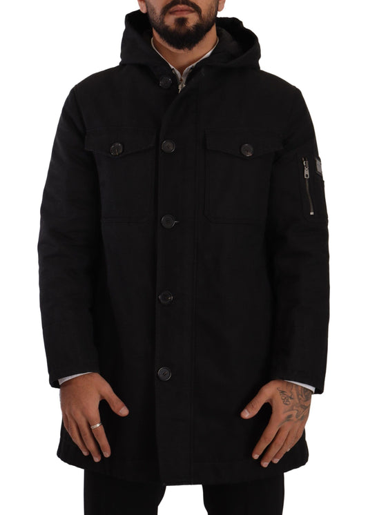 Dolce &amp; Gabbana Schwarzer Jeans-Parka-Mantel mit Kapuze, Winterjacke