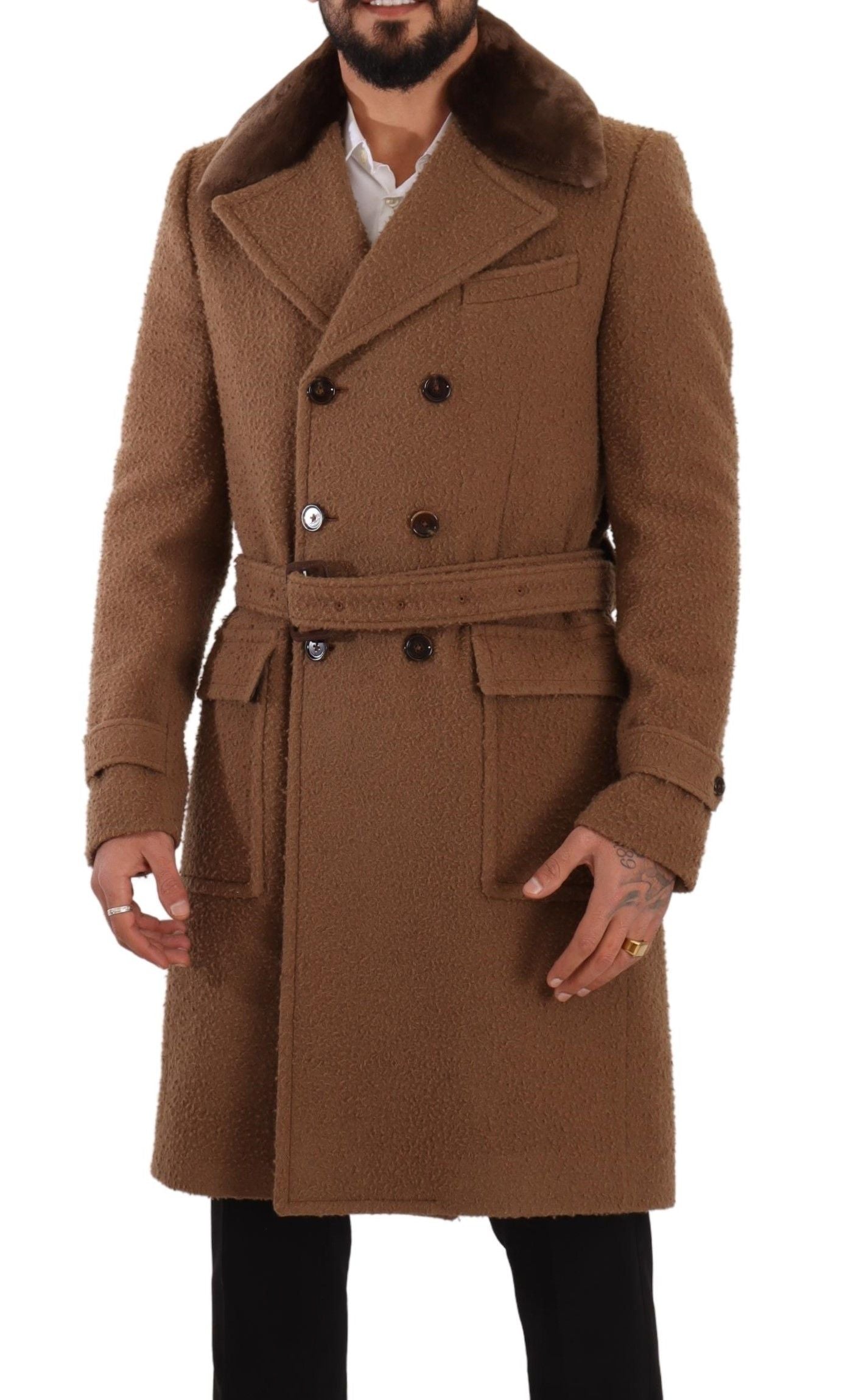 Dolce &amp; Gabbana Brown Wool Long Double Breasted Overcoat Jacket