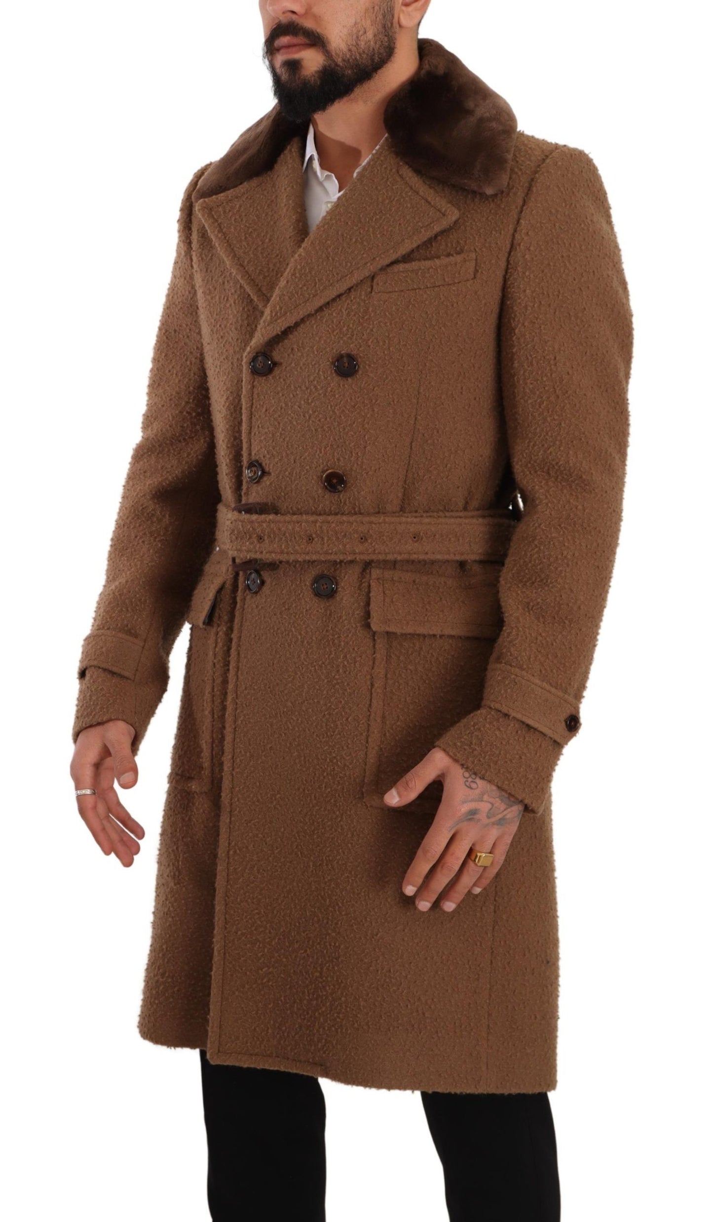 Dolce &amp; Gabbana Brown Wool Long Double Breasted Overcoat Jacket