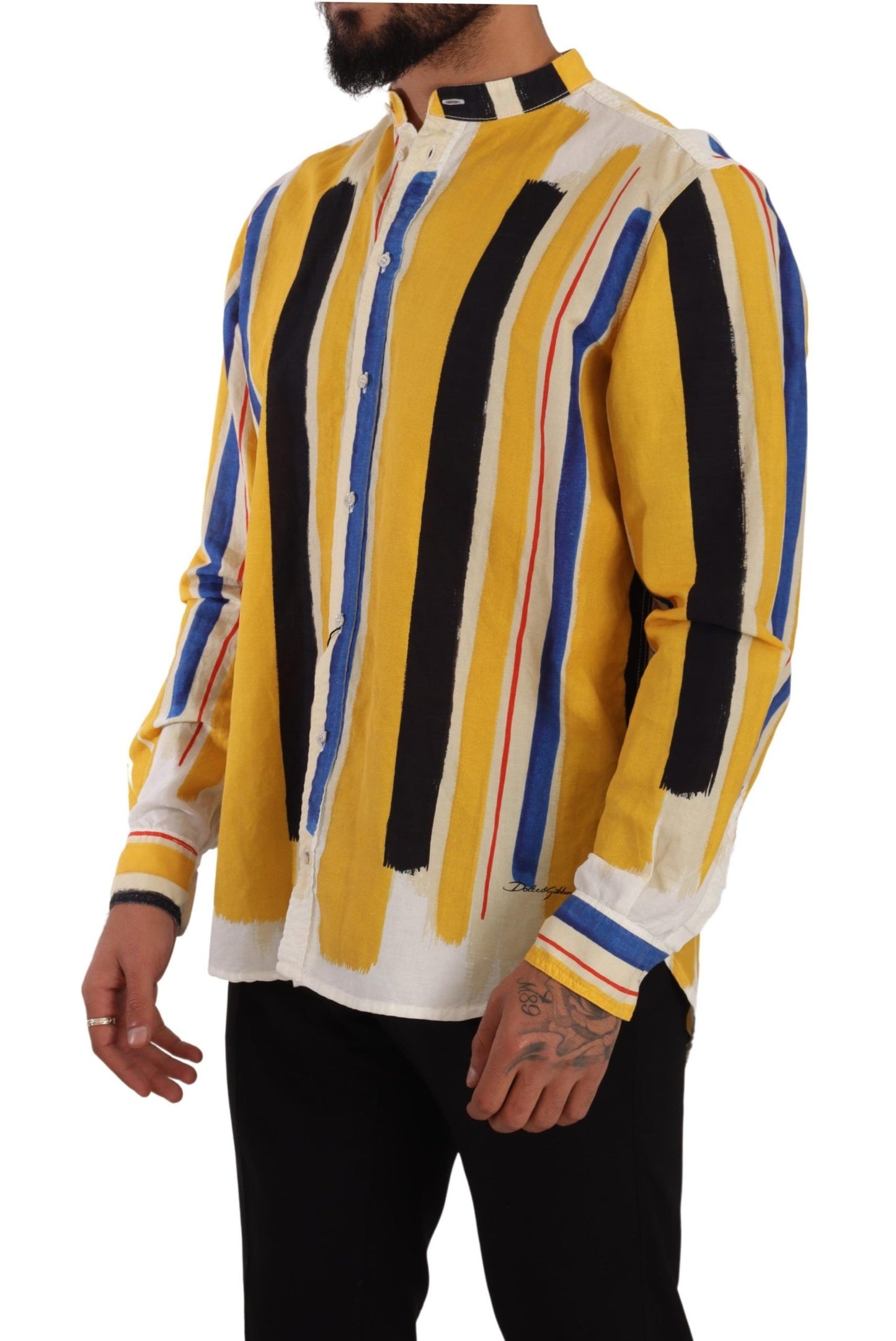 Dolce &amp; Gabbana Yellow Striped Henley Linen Cotton Shirt