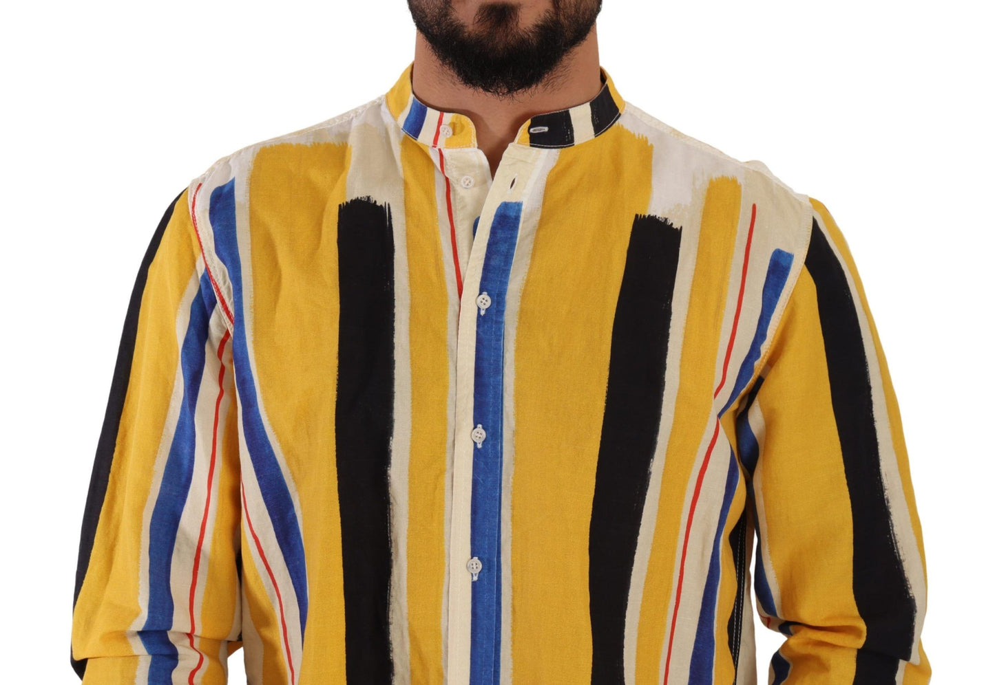 Dolce &amp; Gabbana Yellow Striped Henley Linen Cotton Shirt