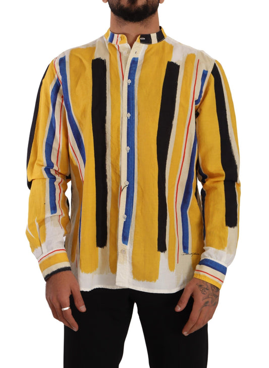 Dolce &amp; Gabbana Yellow Striped Henley Linen Cotton Shirt