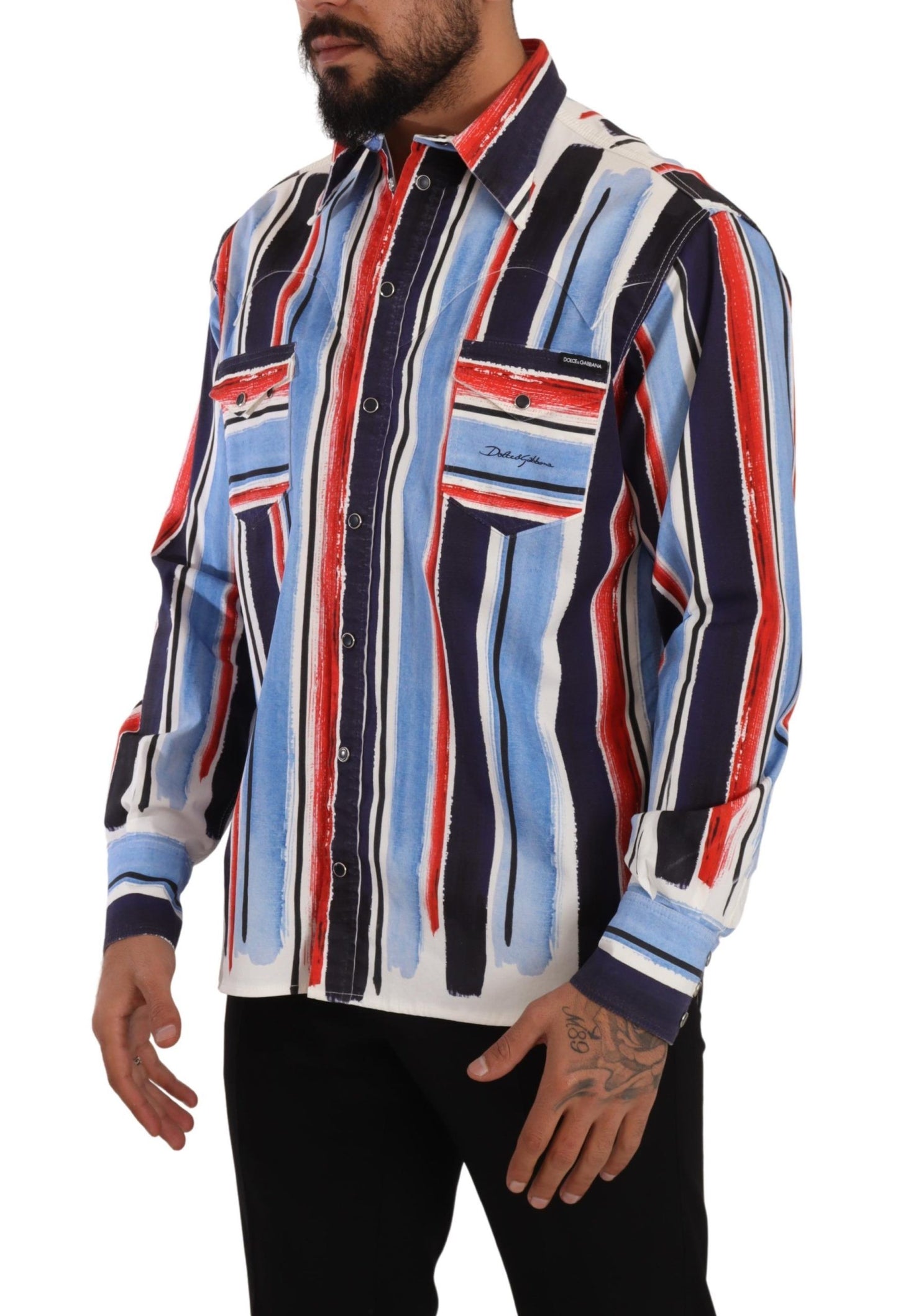 Dolce &amp; Gabbana Red Striped Long Sleeve Cotton Shirt Blue