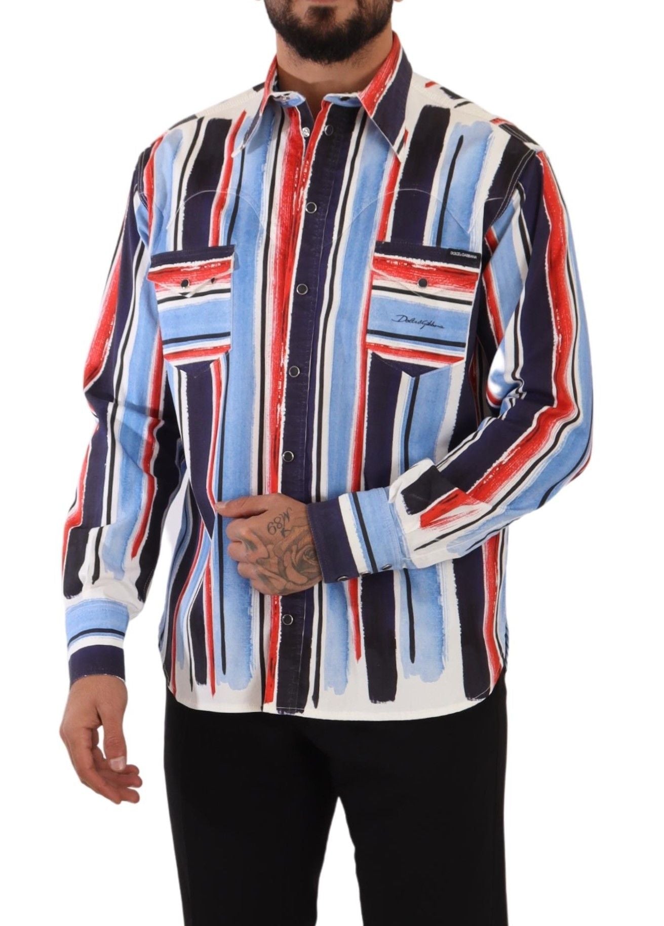 Dolce &amp; Gabbana Red Striped Long Sleeve Cotton Shirt Blue