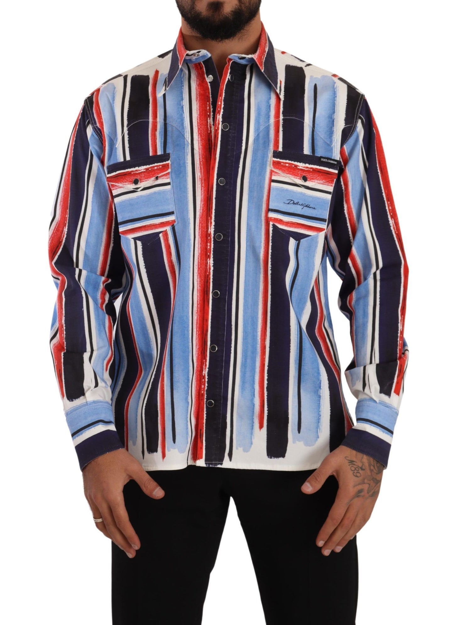 Dolce &amp; Gabbana Red Striped Long Sleeve Cotton Shirt Blue