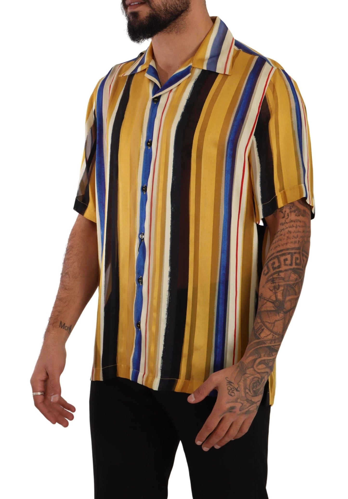 Dolce &amp; Gabbana Yellow Striped Short Sleeve Silk Shirt