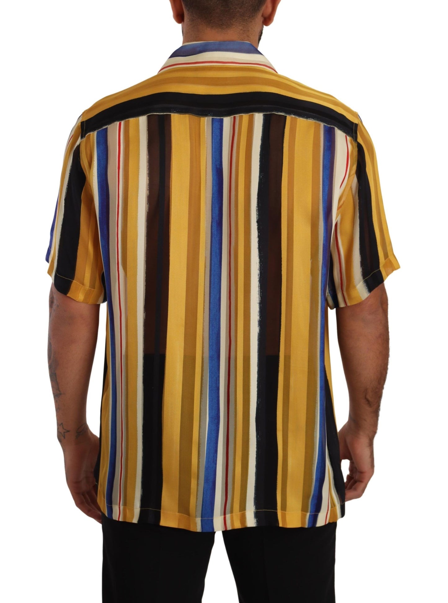 Dolce &amp; Gabbana Yellow Striped Short Sleeve Silk Shirt