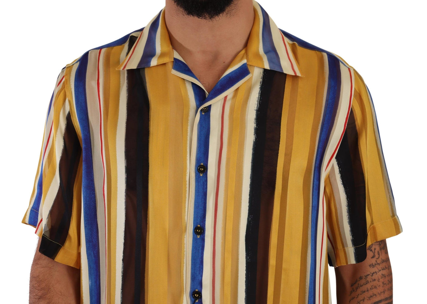 Dolce &amp; Gabbana Yellow Striped Short Sleeve Silk Shirt