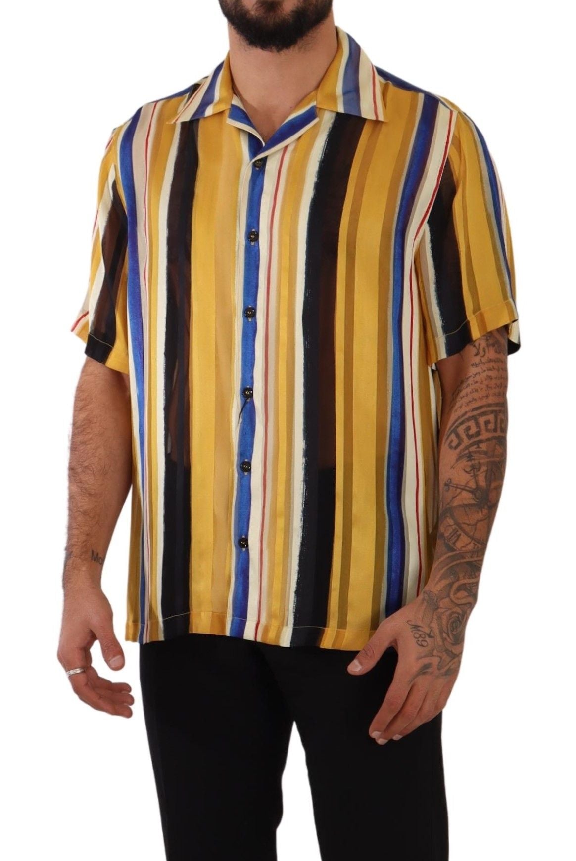 Dolce &amp; Gabbana Yellow Striped Short Sleeve Silk Shirt