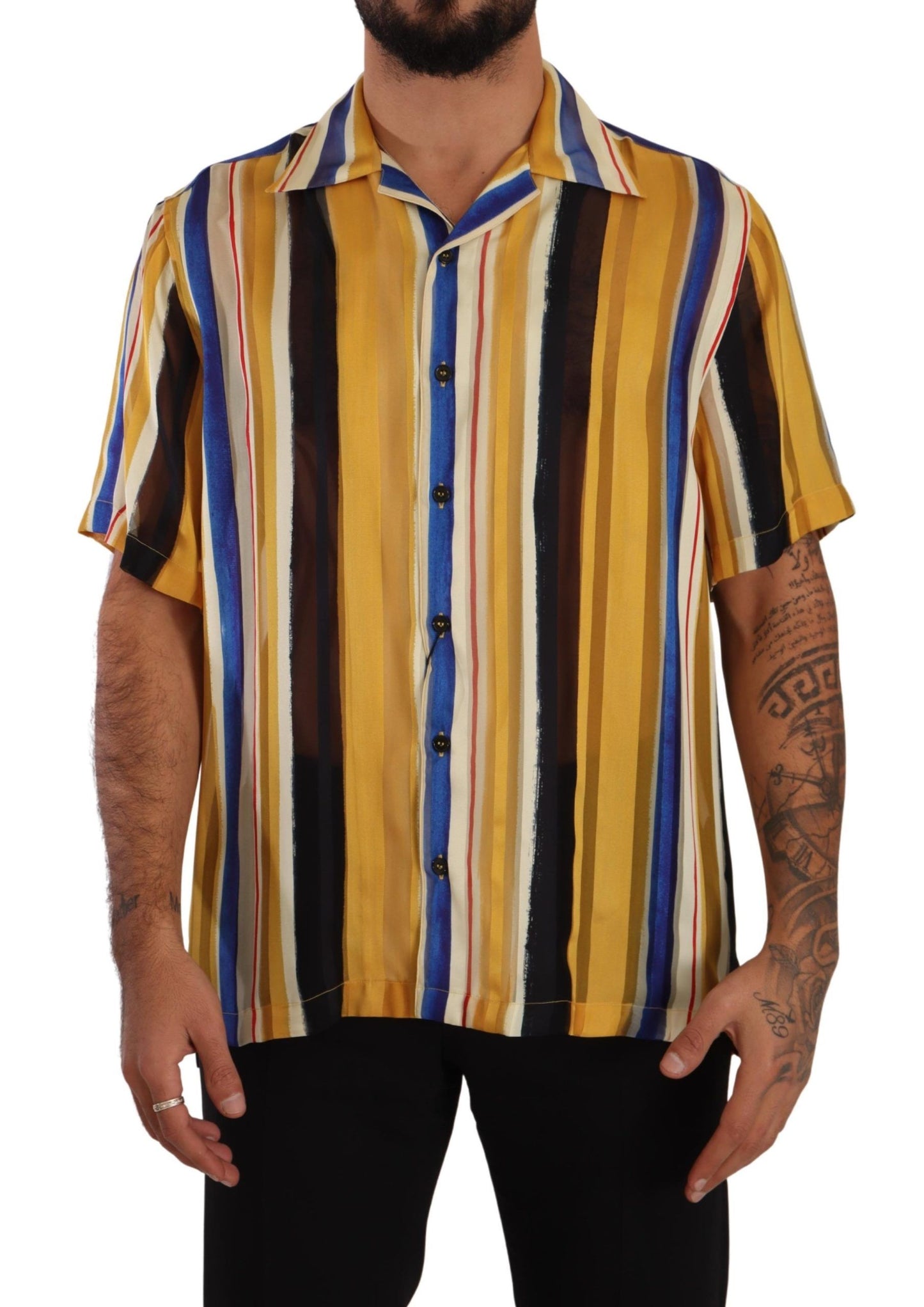 Dolce &amp; Gabbana Yellow Striped Short Sleeve Silk Shirt