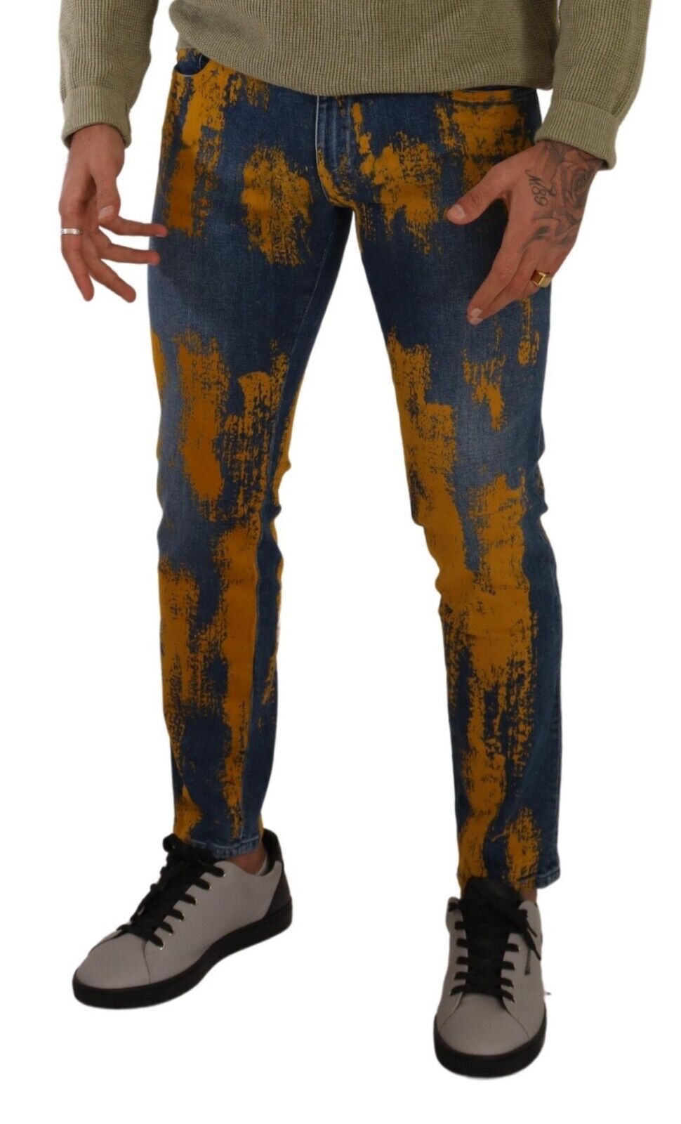 Dolce &amp; Gabbana Blue Yellow Dye Cotton Skinny Men Denim Jeans