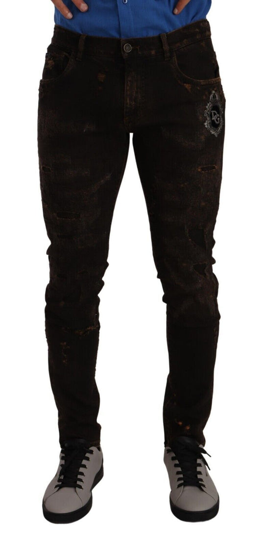 Dolce &amp; Gabbana Brown DG Crown Logo Cotton Skinny Denim Jeans