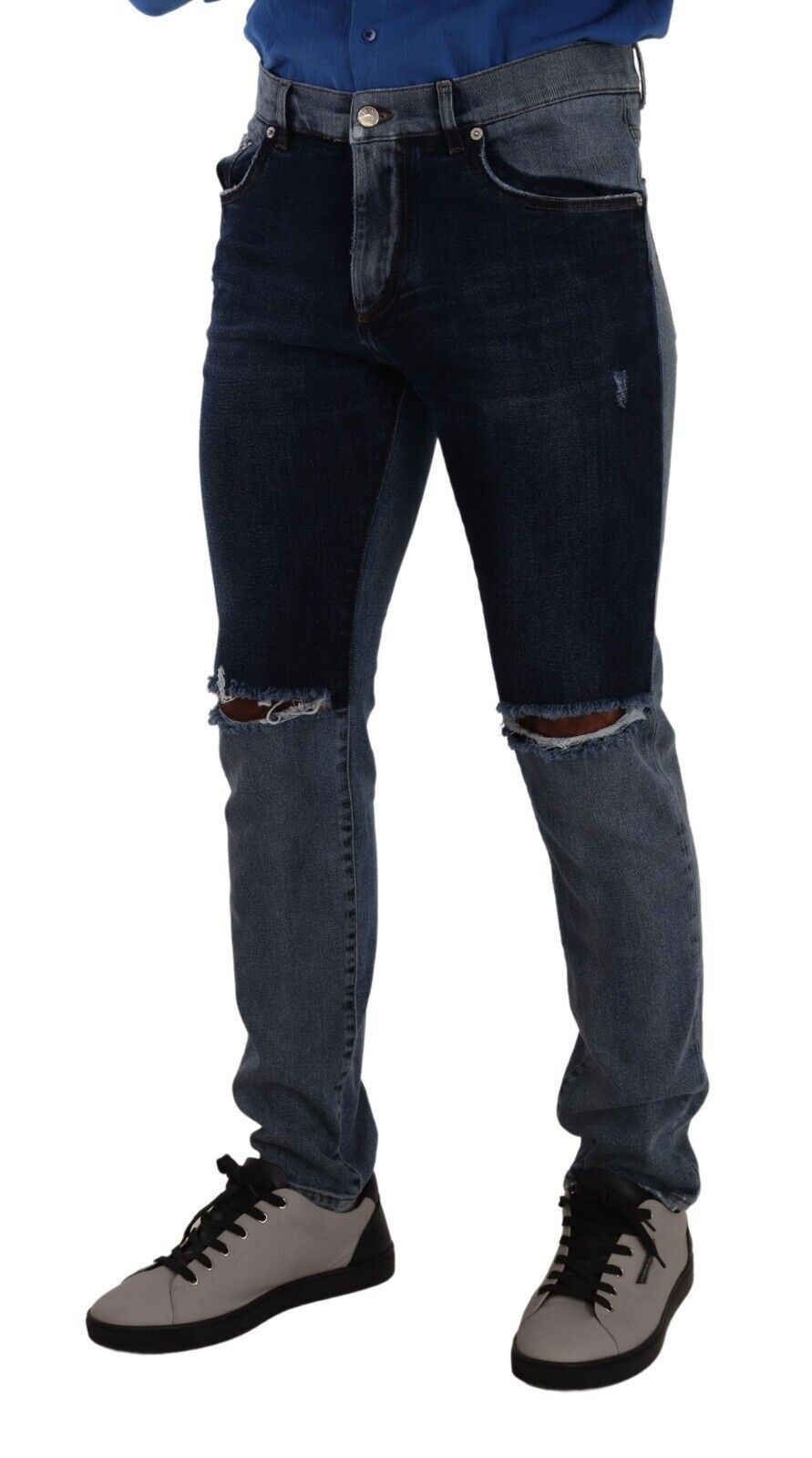 Dolce &amp; Gabbana Blue Two Tone Tattered Cotton Slim Denim Jeans