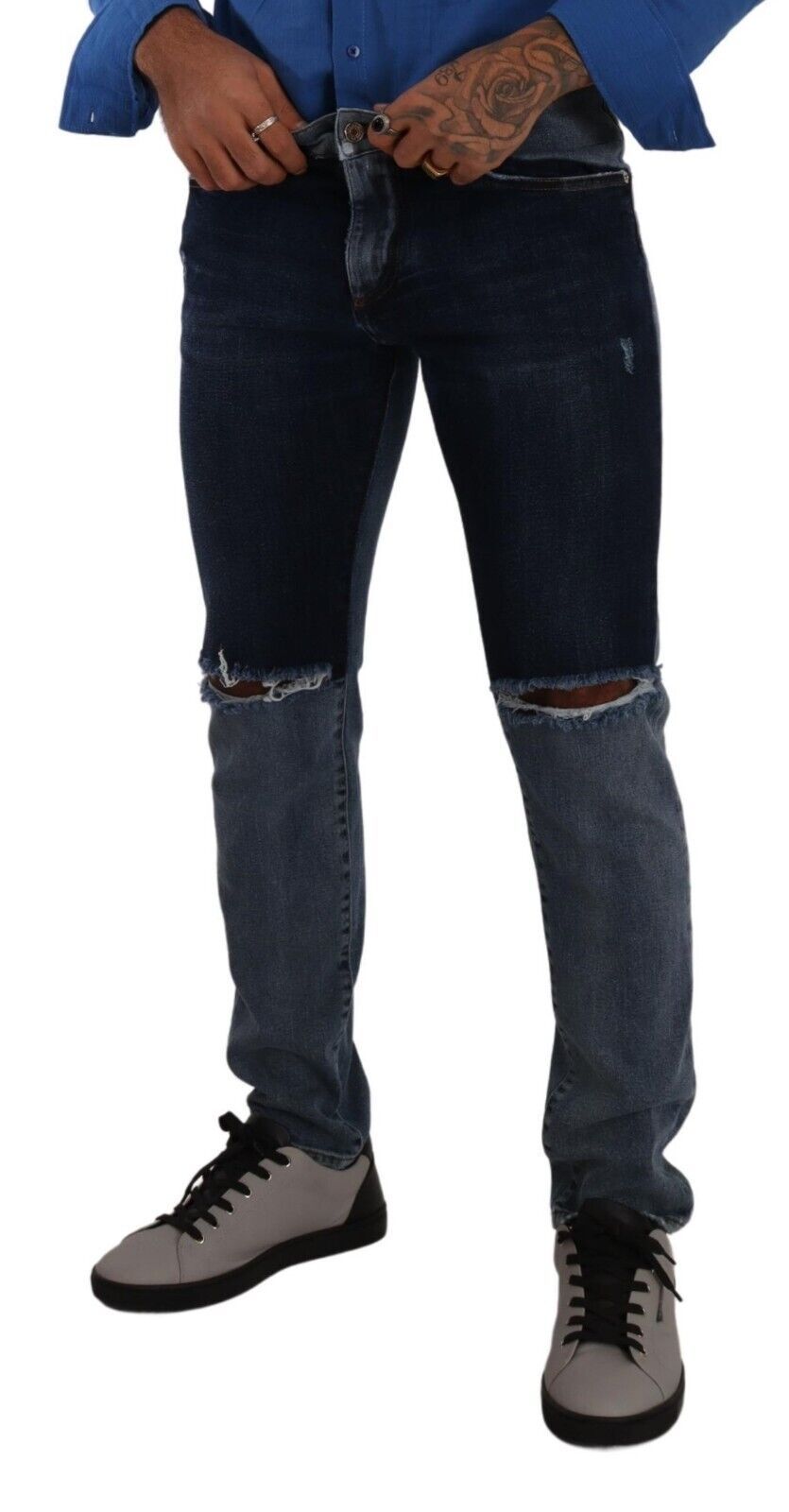 Dolce &amp; Gabbana Blue Two Tone Tattered Cotton Slim Denim Jeans